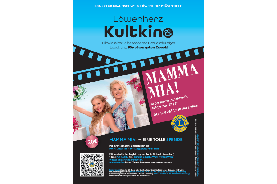Plakat LIONS CLUB BRAUNSCHWEIG-LÖWENHERZ PRÄSENTIERT: Löwenherz Kultkino mit dem Film MAMMA MIA!