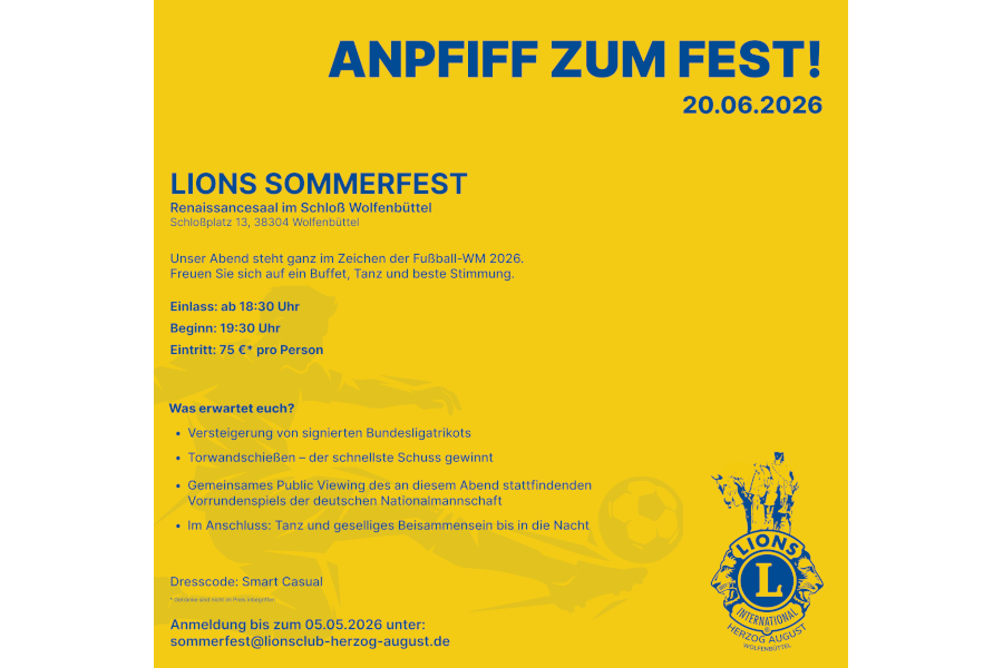 Plakat Einladung zum Lions Sommerfest 2026 Renaissancesaal im Schloss Wolfenbüttel.